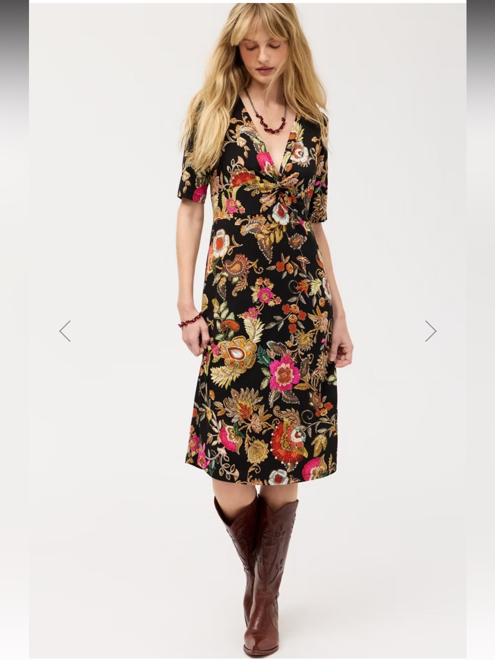 Floral THE JANIE FAVORITE Twist-Front Midi Swing Dress Black Pink & Gold, S